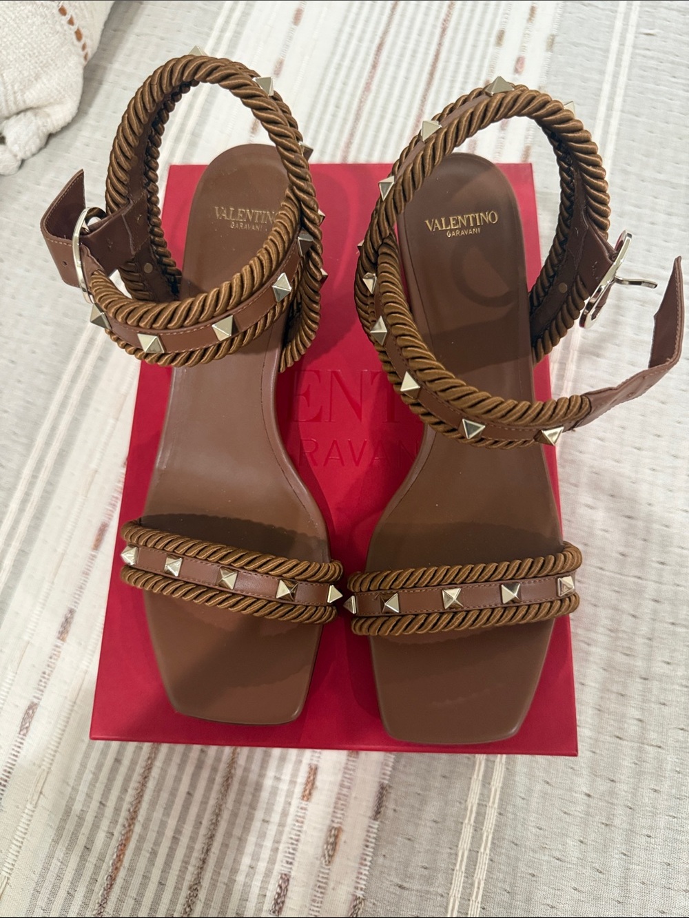 Valentino Brown Rope-Trim Studded Leather Heels (price firm) - Picture 2 of 7